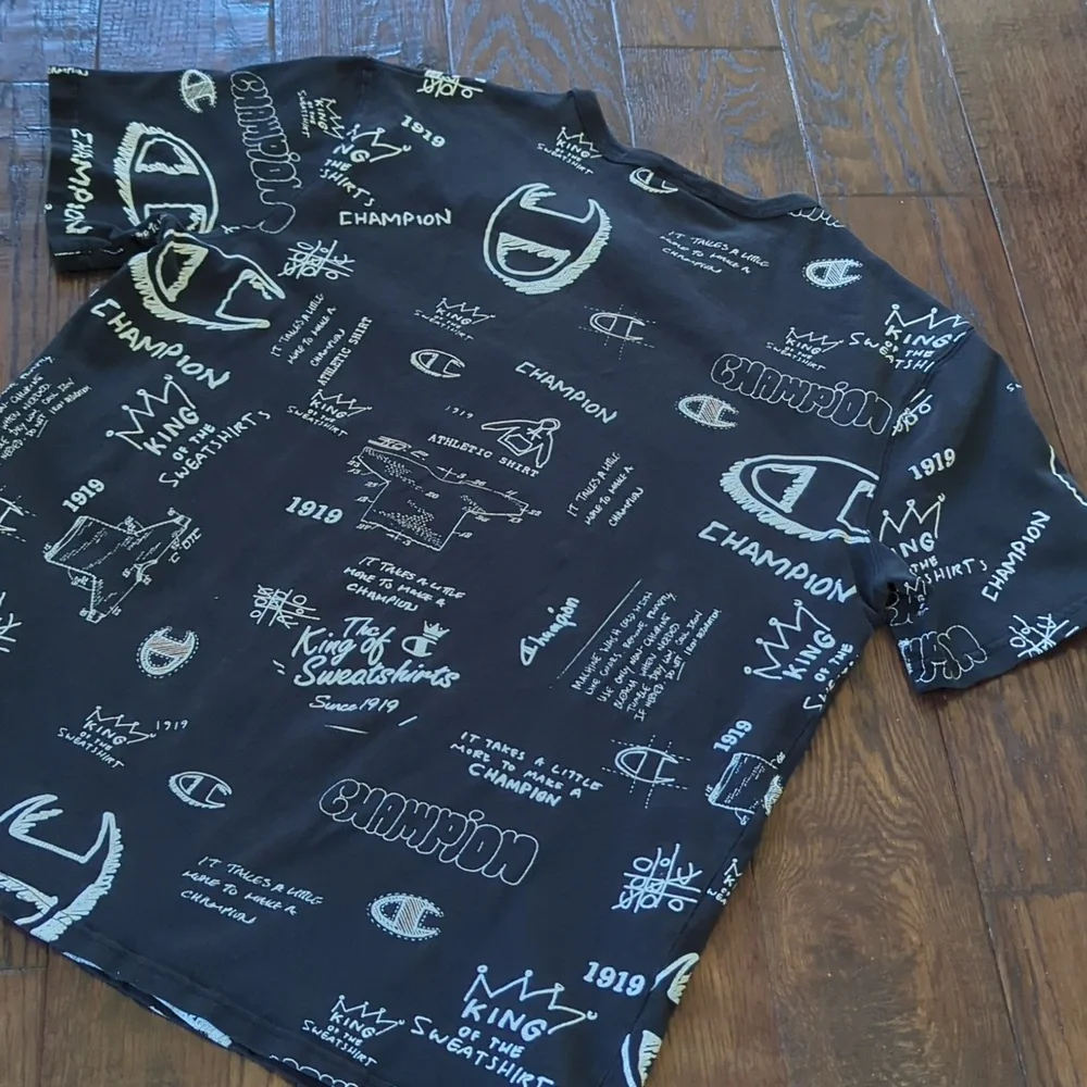 CHAMPION I Black & White Handwriting Logo Crew Neck Short Sleeve T-Shit Top, L - Picture 9 of 10